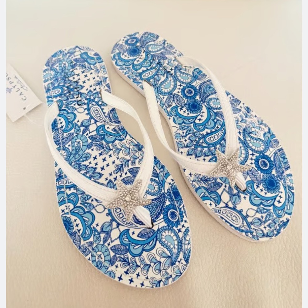 Calypso St. Barth White and Blue Paisley Starfish Flip Flop Sandals